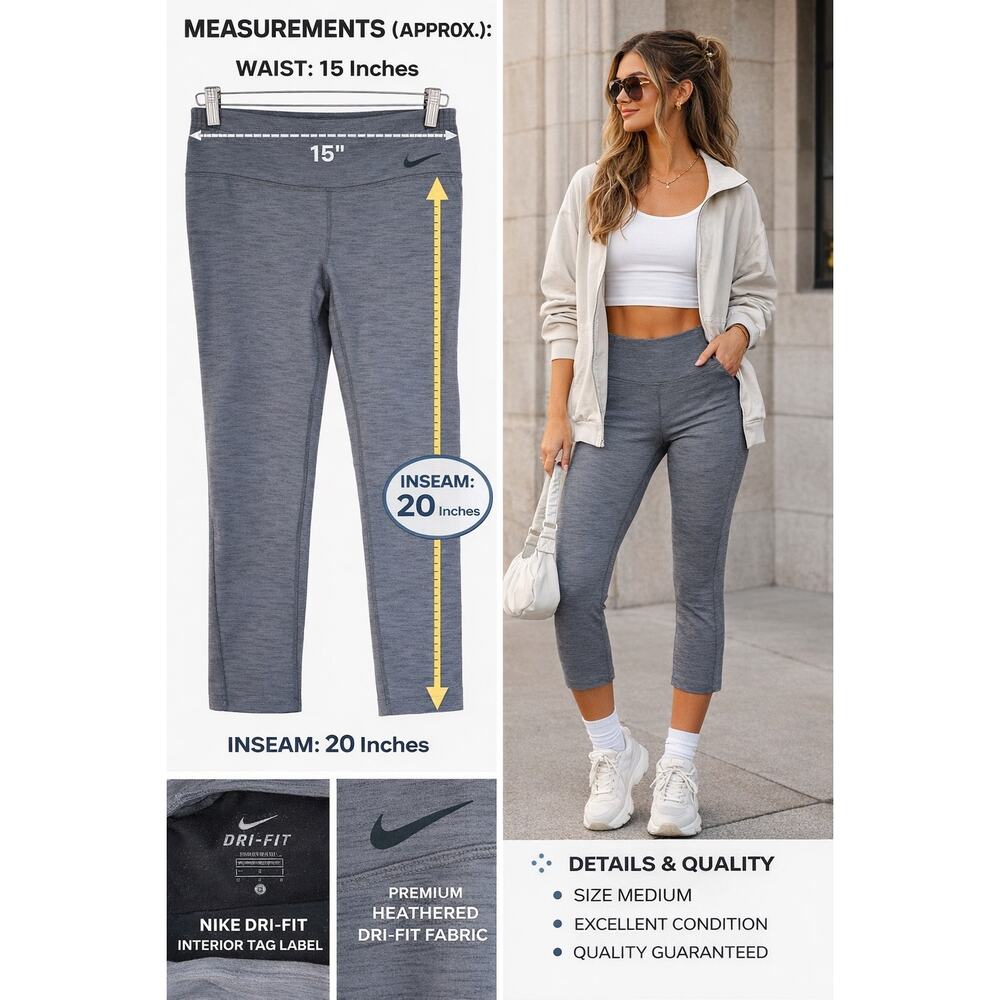 Nike Dri-FIT Capri Leggings Womens Large Gray Heather Athleisure Yoga Pilates - Picture 3 of 8